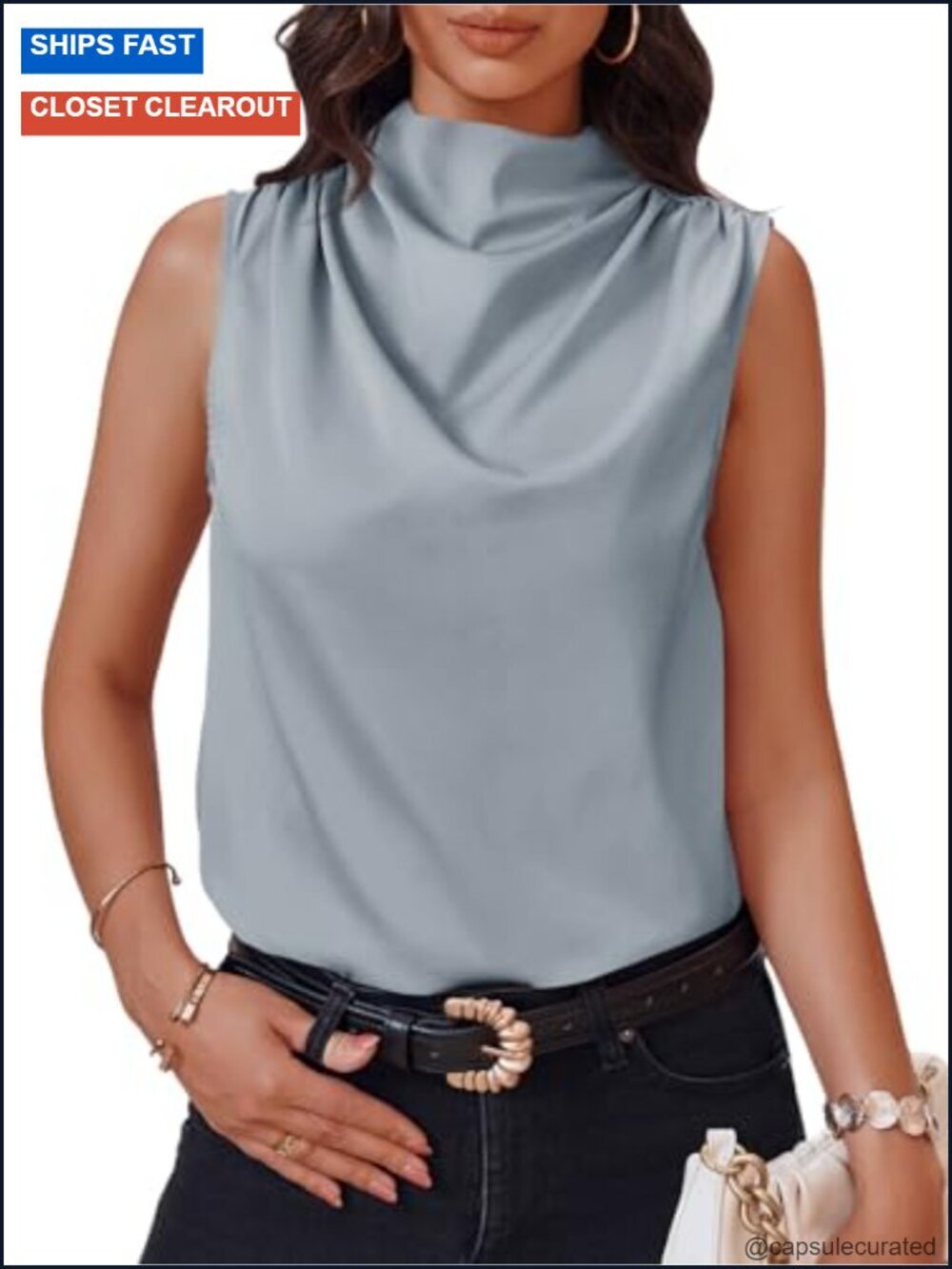 Mock Neck Satin Tank Top - Silky Ruched Sleeveless Blouse